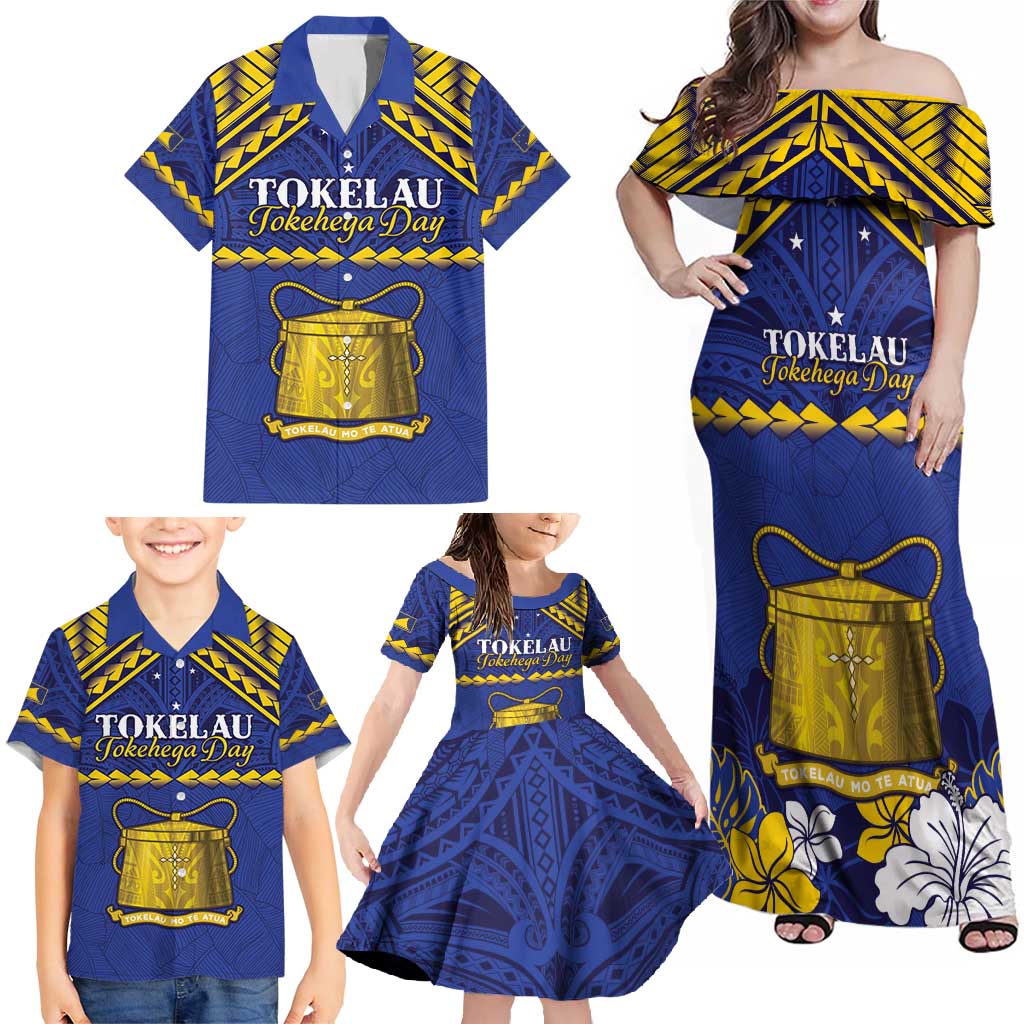 Personalised Tokelau Happy Tokehega Day Family Matching Off Shoulder Maxi Dress and Hawaiian Shirt Polynesian Tribal Tattoo