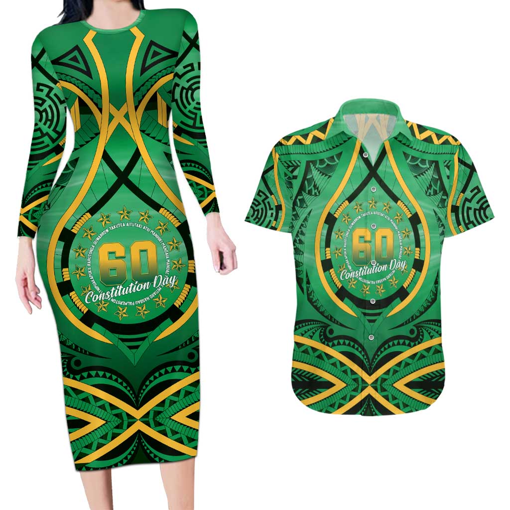 Cook Islands Constitution Day Couples Matching Long Sleeve Bodycon Dress and Hawaiian Shirt 60th Anniversary - Polynesian Pride