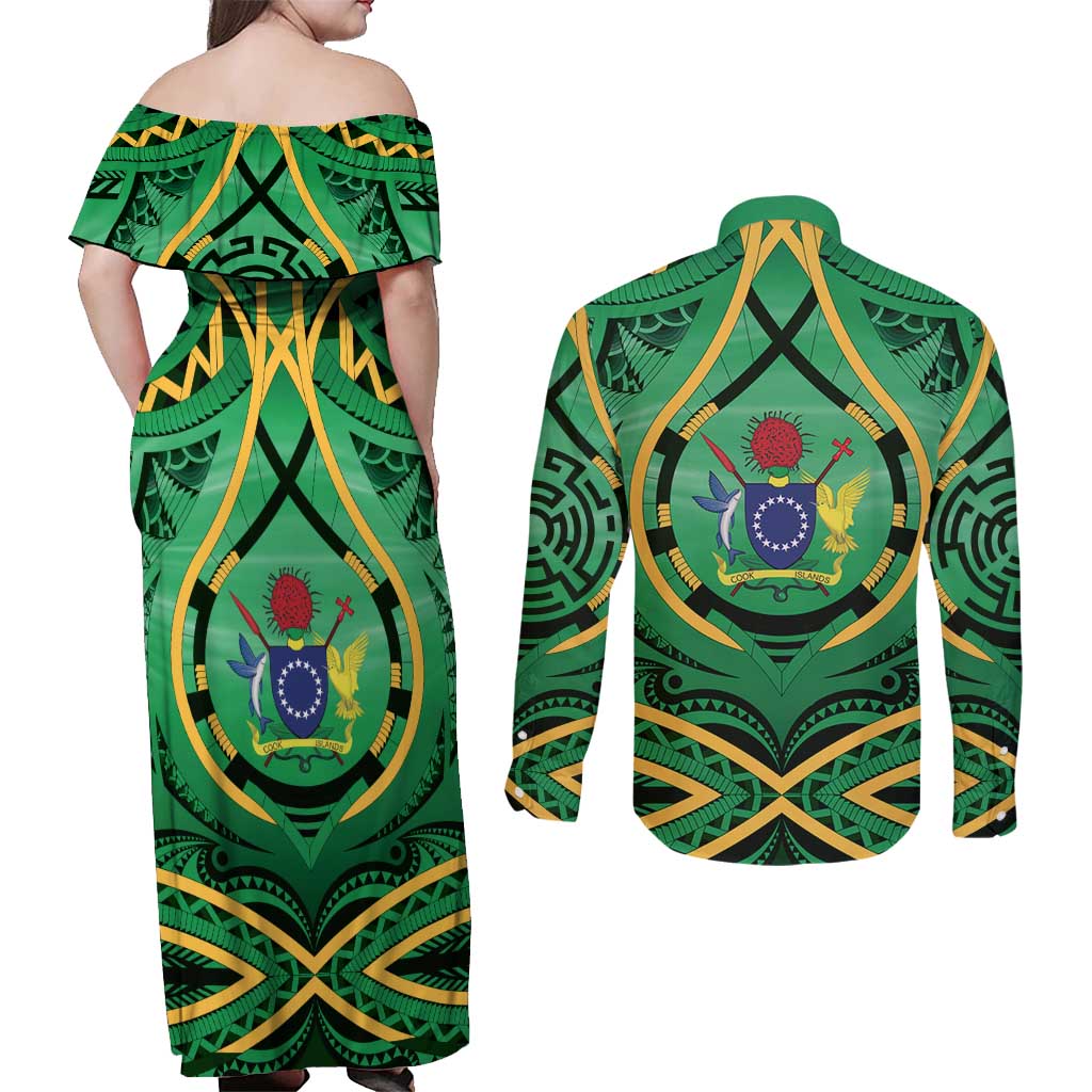 Cook Islands Constitution Day Couples Matching Off Shoulder Maxi Dress and Long Sleeve Button Shirt 60th Anniversary - Polynesian Pride