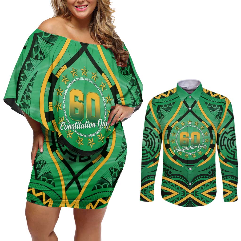 Cook Islands Constitution Day Couples Matching Off Shoulder Short Dress and Long Sleeve Button Shirt 60th Anniversary - Polynesian Pride