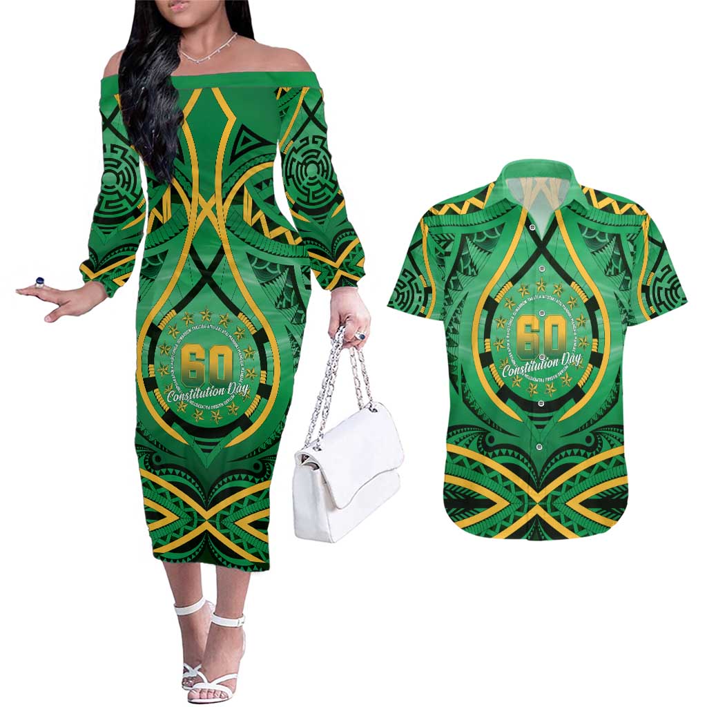 Cook Islands Constitution Day Couples Matching Off The Shoulder Long Sleeve Dress and Hawaiian Shirt 60th Anniversary - Polynesian Pride