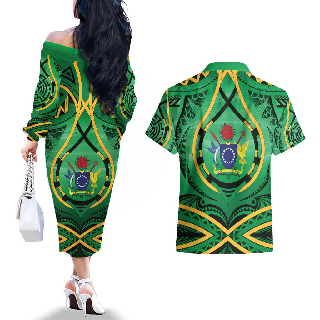 Cook Islands Constitution Day Couples Matching Off The Shoulder Long Sleeve Dress and Hawaiian Shirt 60th Anniversary - Polynesian Pride