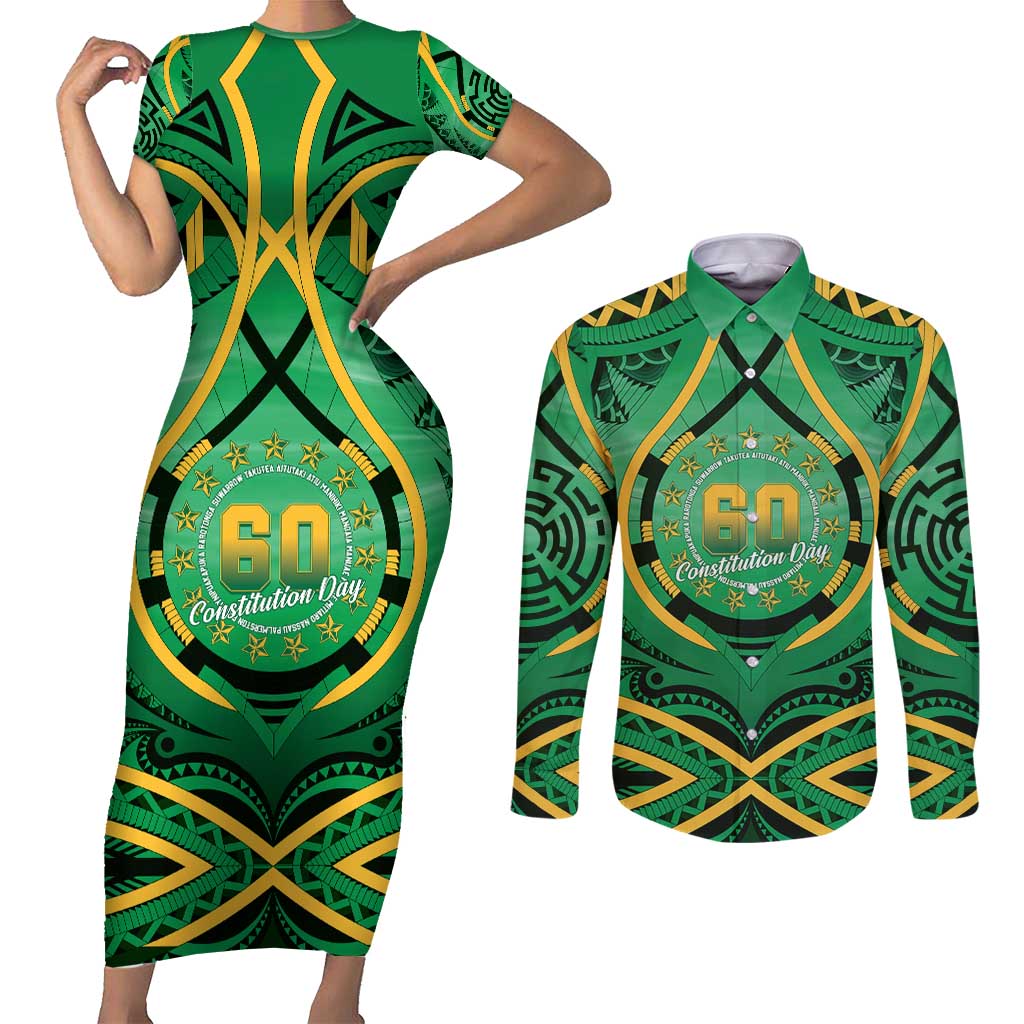 Cook Islands Constitution Day Couples Matching Short Sleeve Bodycon Dress and Long Sleeve Button Shirt 60th Anniversary - Polynesian Pride