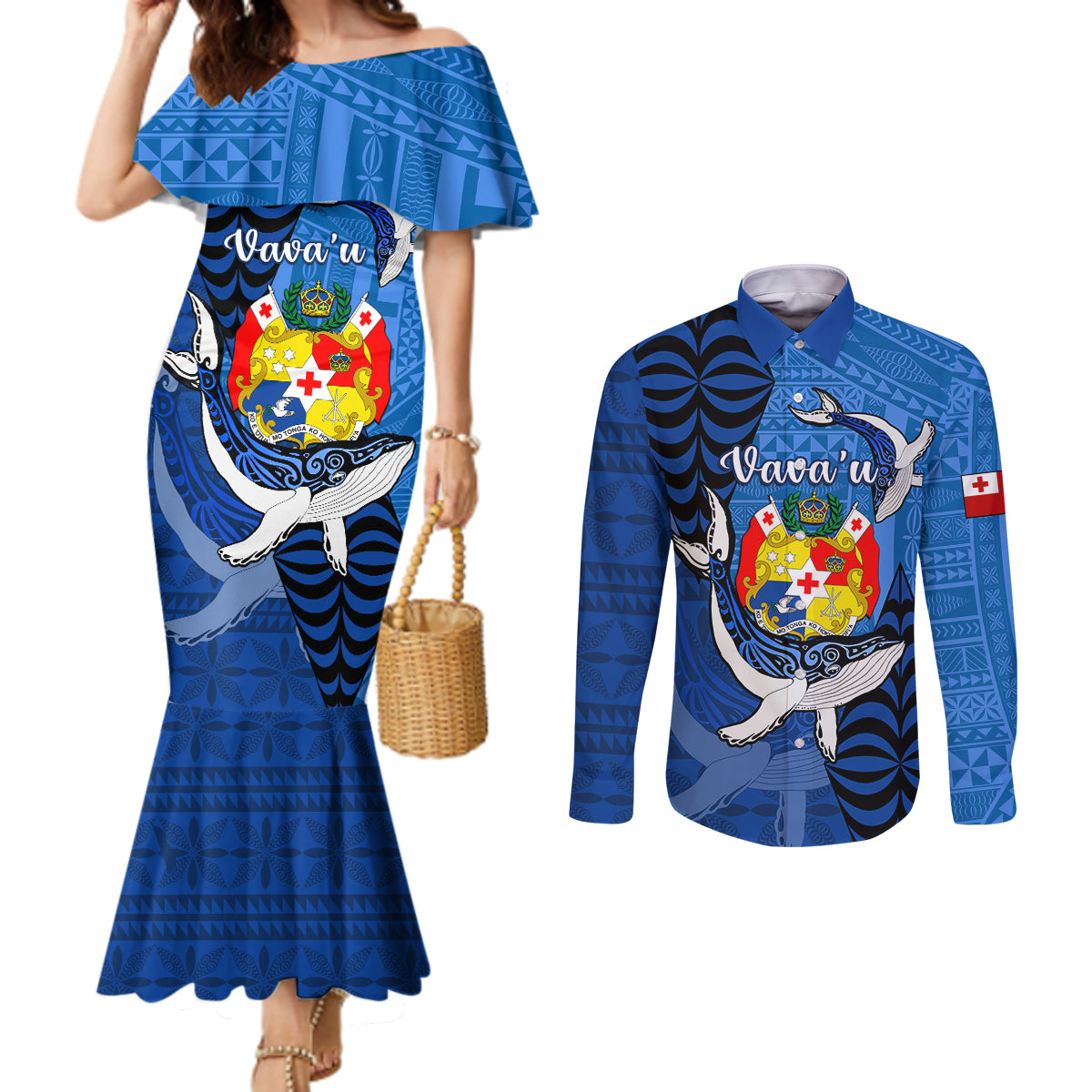 Personalized Tonga Vavau Couples Matching Mermaid Dress and Long Sleeve Button Shirts Humpback Whale Coat Of Arms With Ngatu Pattern LT05 Blue - Polynesian Pride