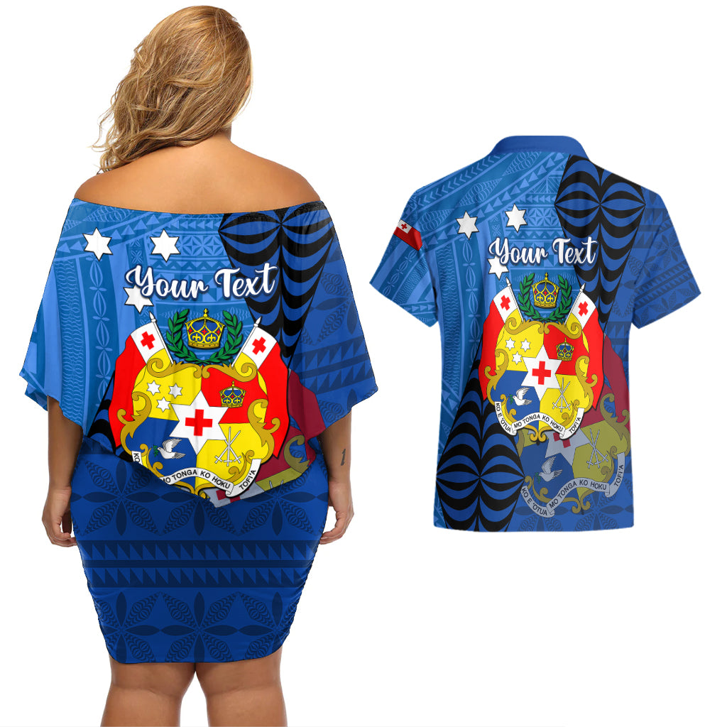Personalized Tonga Vavau Couples Matching Off Shoulder Short Dress and Hawaiian Shirt Humpback Whale Coat Of Arms With Ngatu Pattern LT05 - Polynesian Pride