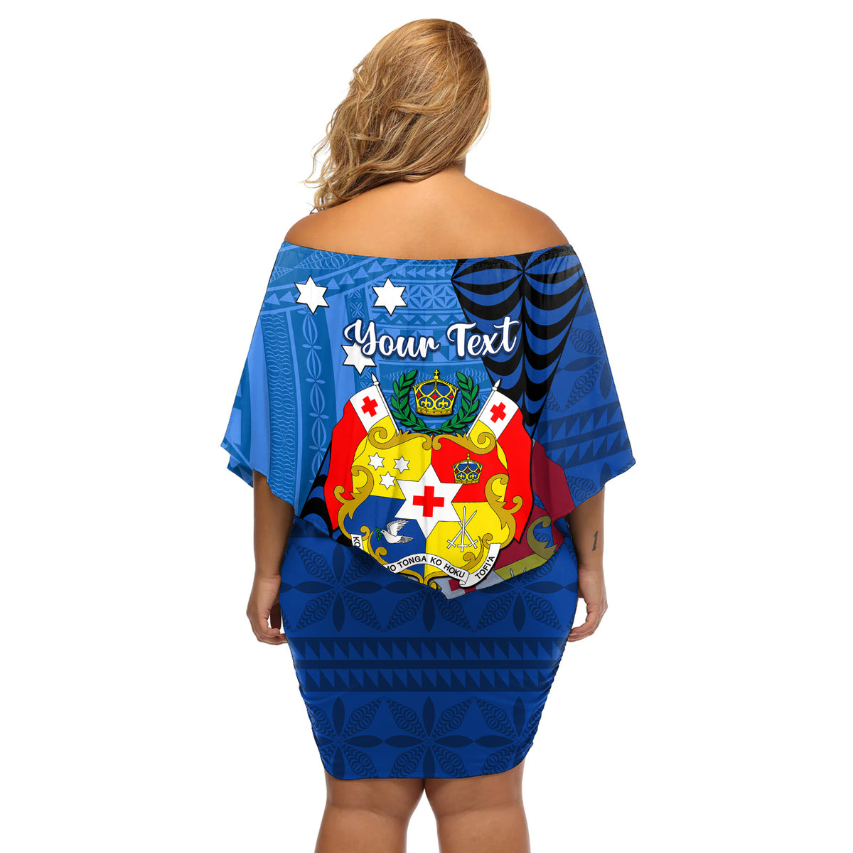 Personalized Tonga Vavau Off Shoulder Short Dress Humpback Whale Coat Of Arms With Ngatu Pattern LT05 - Polynesian Pride