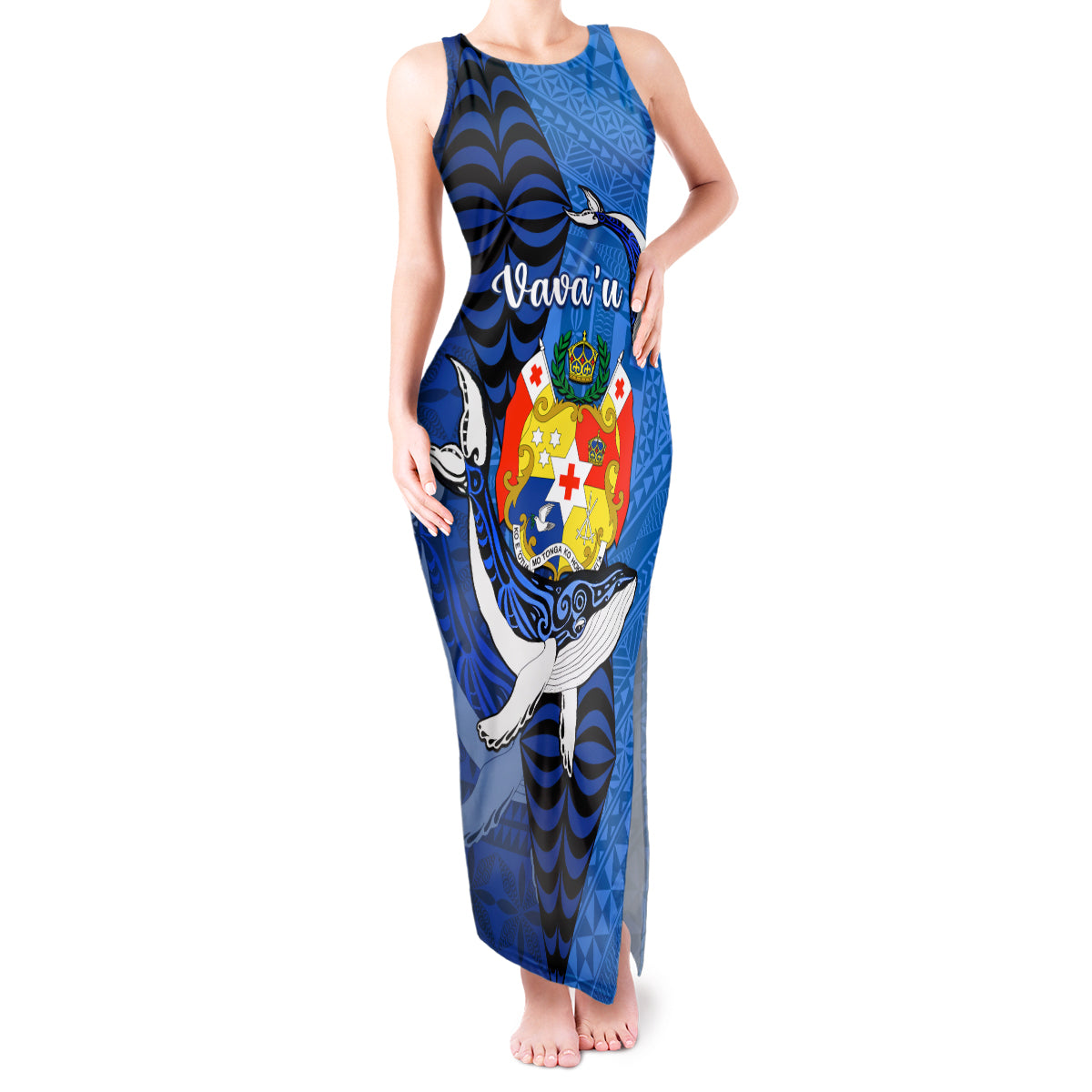 Personalized Tonga Vavau Tank Maxi Dress Humpback Whale Coat Of Arms With Ngatu Pattern LT05 Women Blue - Polynesian Pride