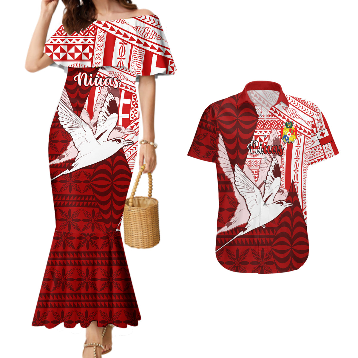 Personalized Tonga Niuas Couples Matching Mermaid Dress and Hawaiian Shirt White Tailed Tropicbird With Ngatu Pattern LT05 Red - Polynesian Pride