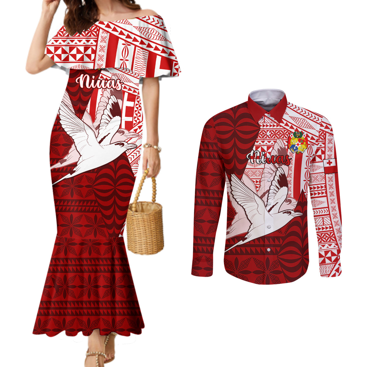 Personalized Tonga Niuas Couples Matching Mermaid Dress and Long Sleeve Button Shirts White Tailed Tropicbird With Ngatu Pattern LT05 Red - Polynesian Pride