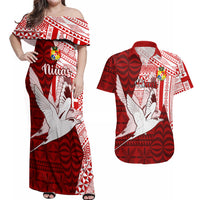 Personalized Tonga Niuas Couples Matching Off Shoulder Maxi Dress and Hawaiian Shirt White Tailed Tropicbird With Ngatu Pattern LT05 Red - Polynesian Pride