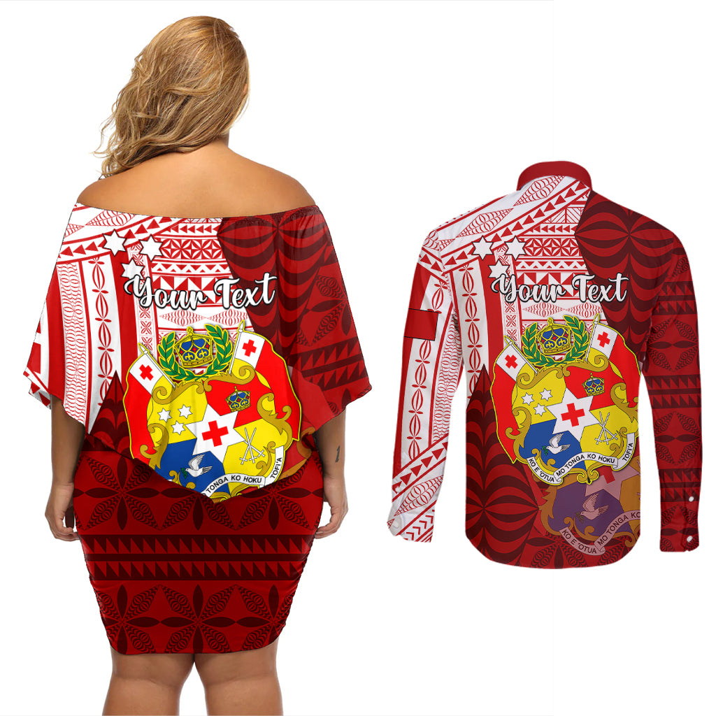 Personalized Tonga Niuas Couples Matching Off Shoulder Short Dress and Long Sleeve Button Shirts White Tailed Tropicbird With Ngatu Pattern LT05 - Polynesian Pride