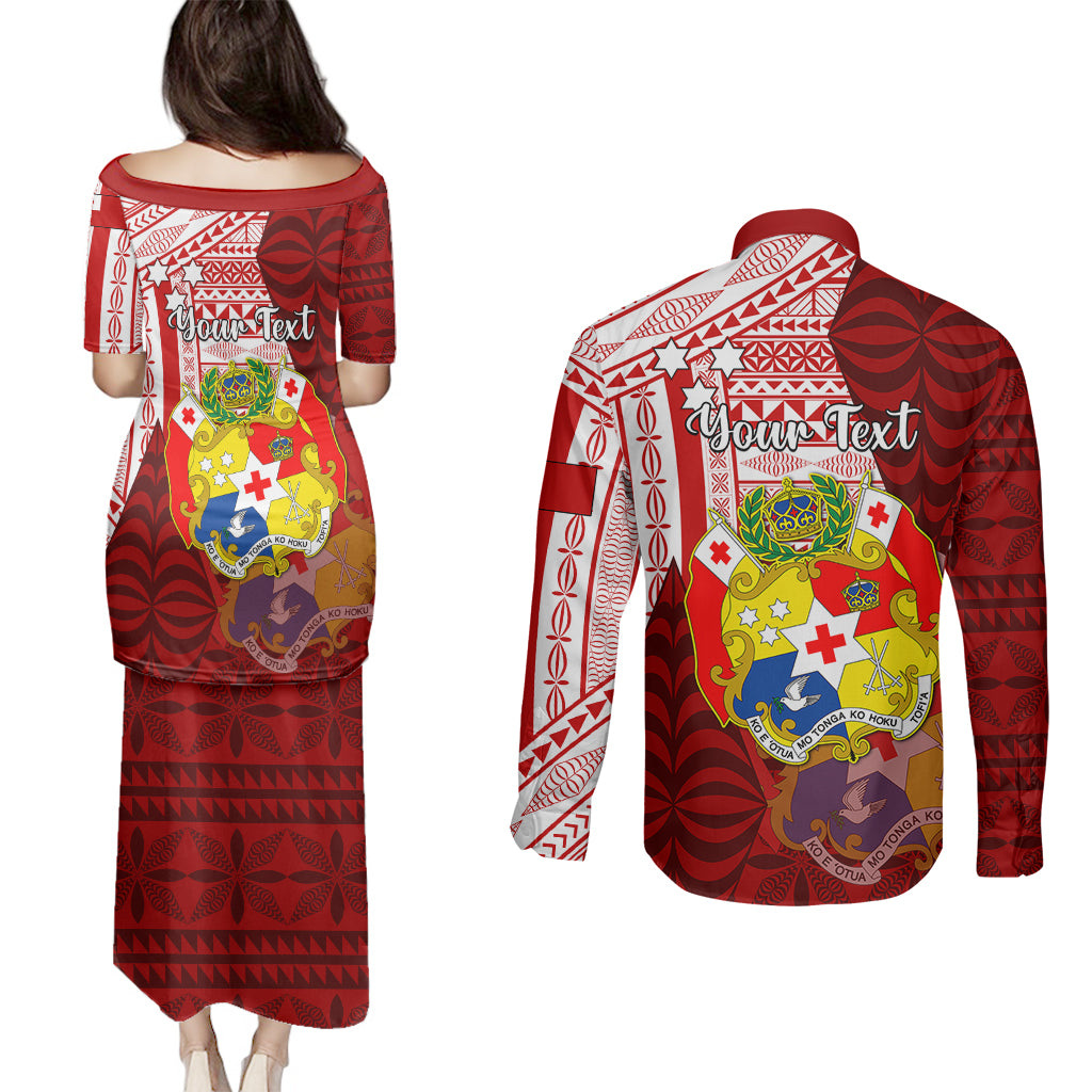 Personalized Tonga Niuas Couples Matching Puletasi Dress and Long Sleeve Button Shirts White Tailed Tropicbird With Ngatu Pattern LT05 - Polynesian Pride