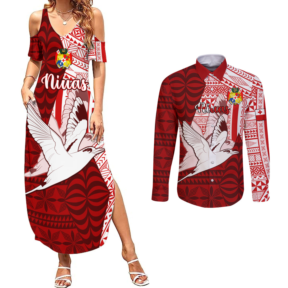 Personalized Tonga Niuas Couples Matching Summer Maxi Dress and Long Sleeve Button Shirts White Tailed Tropicbird With Ngatu Pattern LT05 Red - Polynesian Pride