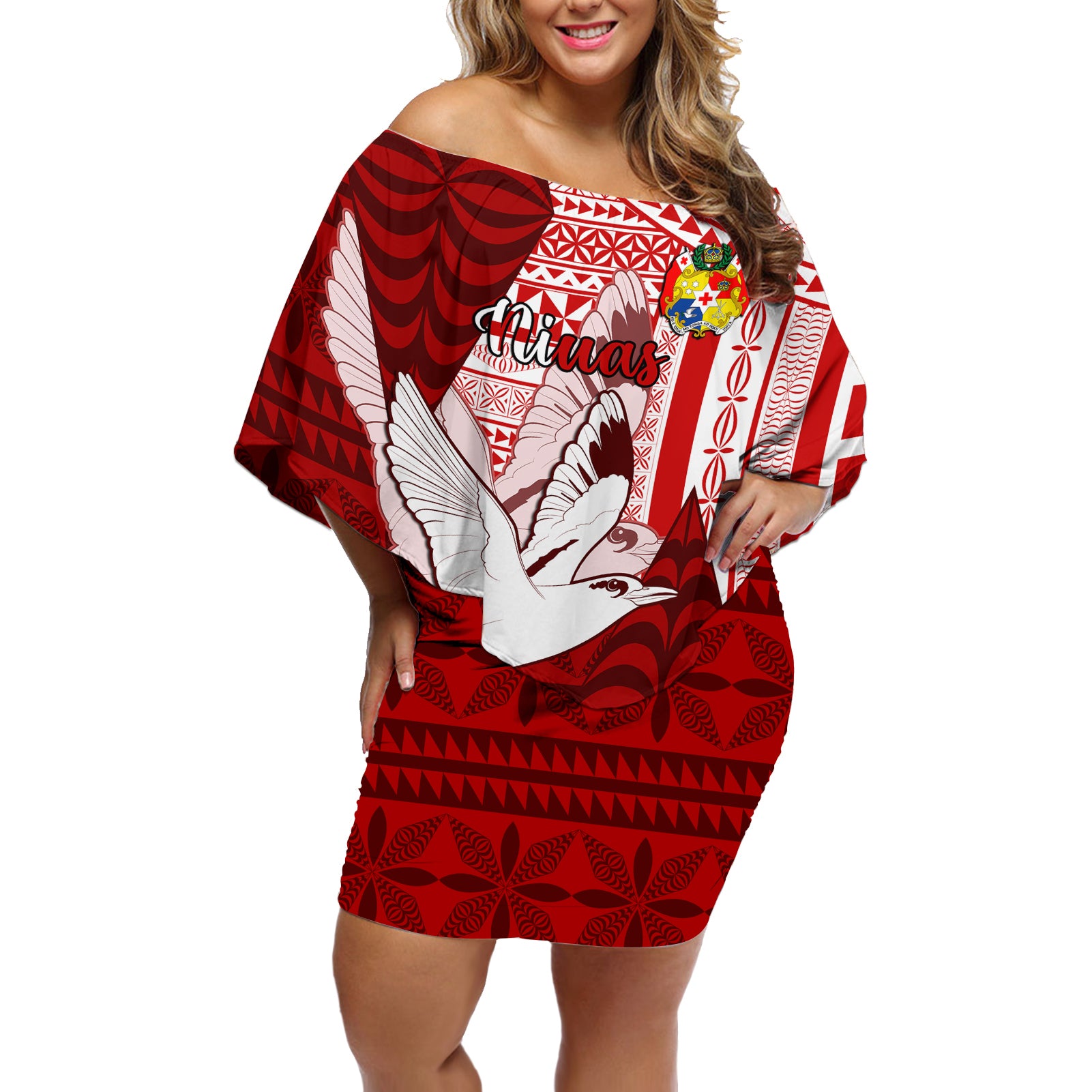 Personalized Tonga Niuas Off Shoulder Short Dress White Tailed Tropicbird With Ngatu Pattern LT05 Women Red - Polynesian Pride