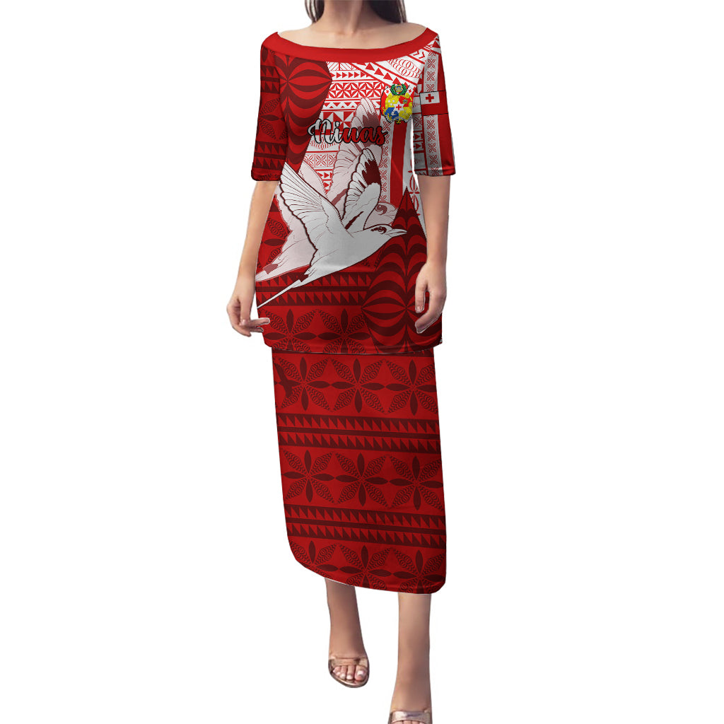 Personalized Tonga Niuas Puletasi White Tailed Tropicbird With Ngatu Pattern LT05 Long Dress Red - Polynesian Pride