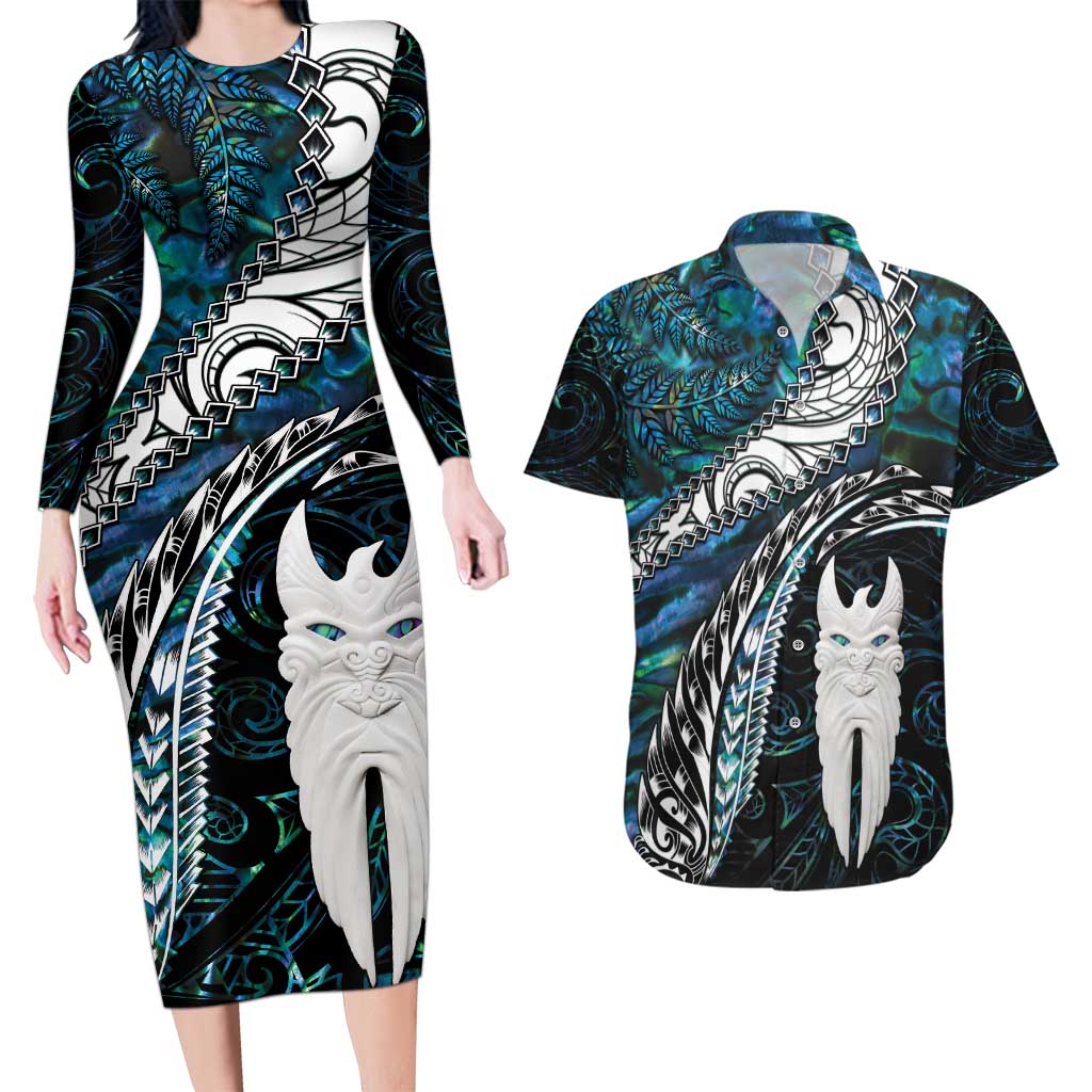 New Zealand Aotearoa Couples Matching Long Sleeve Bodycon Dress and Hawaiian Shirt Maori Hei Rehua Paua Shell Glitter Green