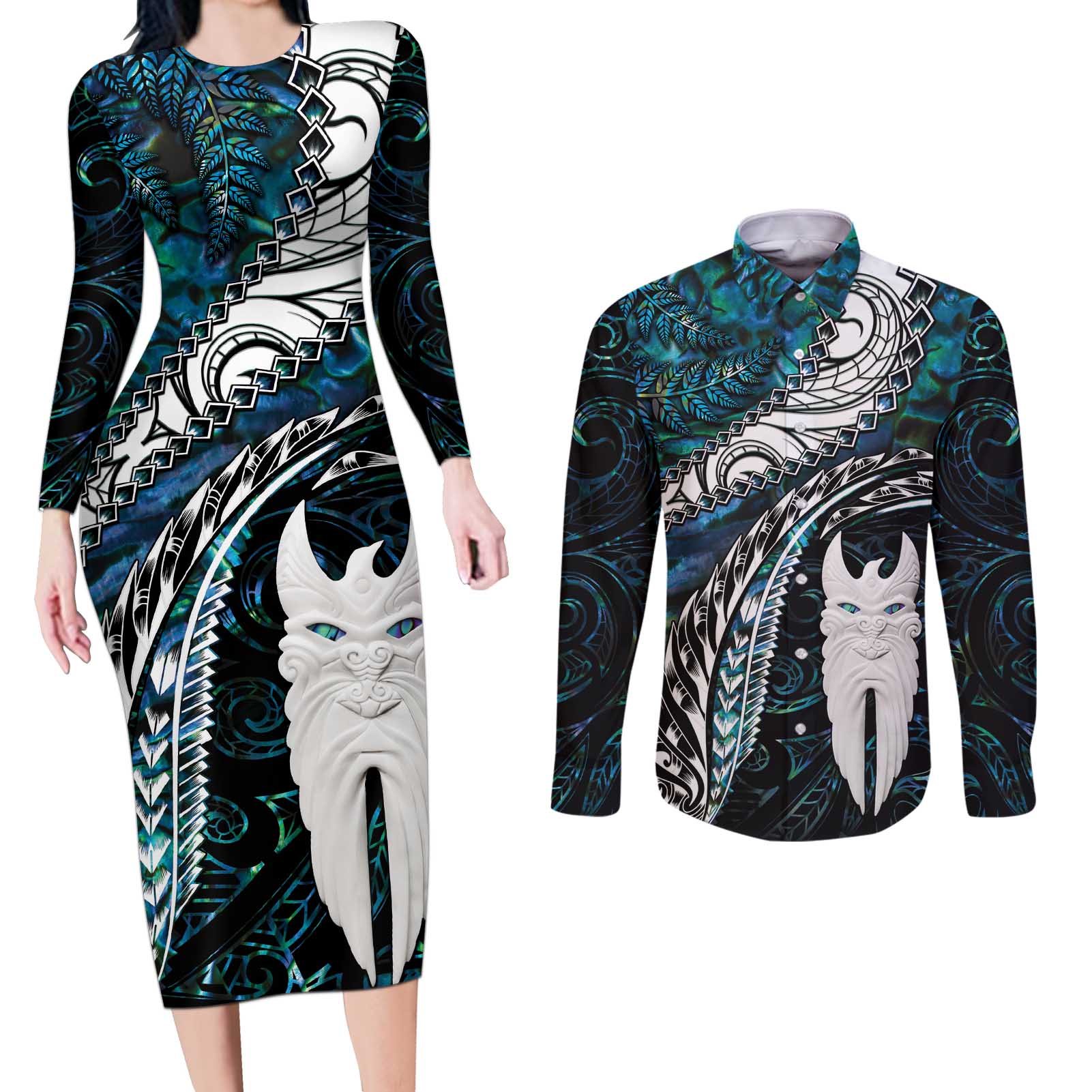 New Zealand Aotearoa Couples Matching Long Sleeve Bodycon Dress and Long Sleeve Button Shirt Maori Hei Rehua Paua Shell Glitter Green