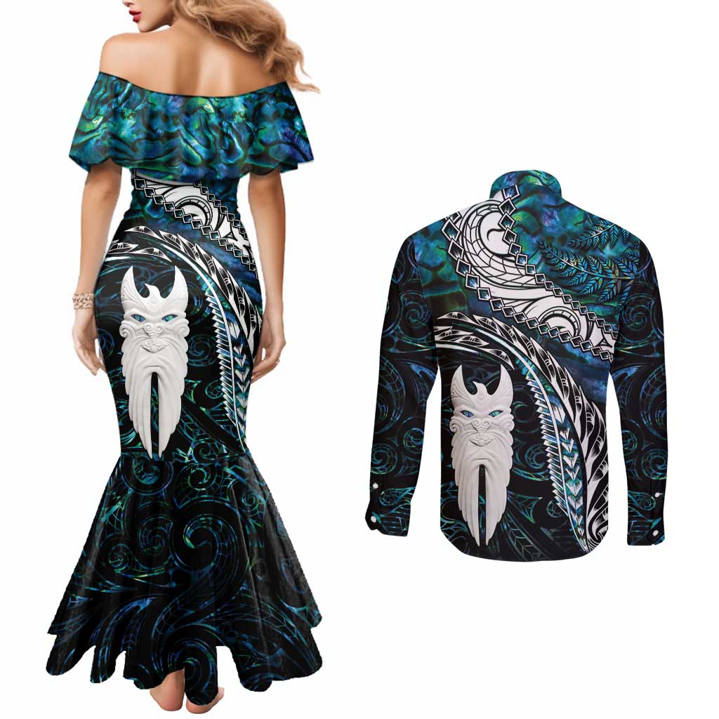 New Zealand Aotearoa Couples Matching Mermaid Dress and Long Sleeve Button Shirt Maori Hei Rehua Paua Shell Glitter Green