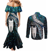 New Zealand Aotearoa Couples Matching Mermaid Dress and Long Sleeve Button Shirt Maori Hei Rehua Paua Shell Glitter Green