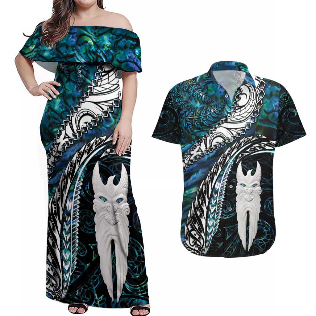 New Zealand Aotearoa Couples Matching Off Shoulder Maxi Dress and Hawaiian Shirt Maori Hei Rehua Paua Shell Glitter Green