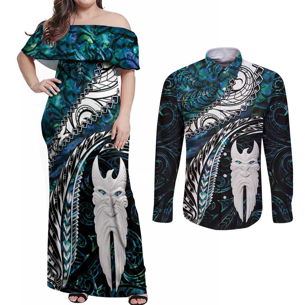 New Zealand Aotearoa Couples Matching Off Shoulder Maxi Dress and Long Sleeve Button Shirt Maori Hei Rehua Paua Shell Glitter Green