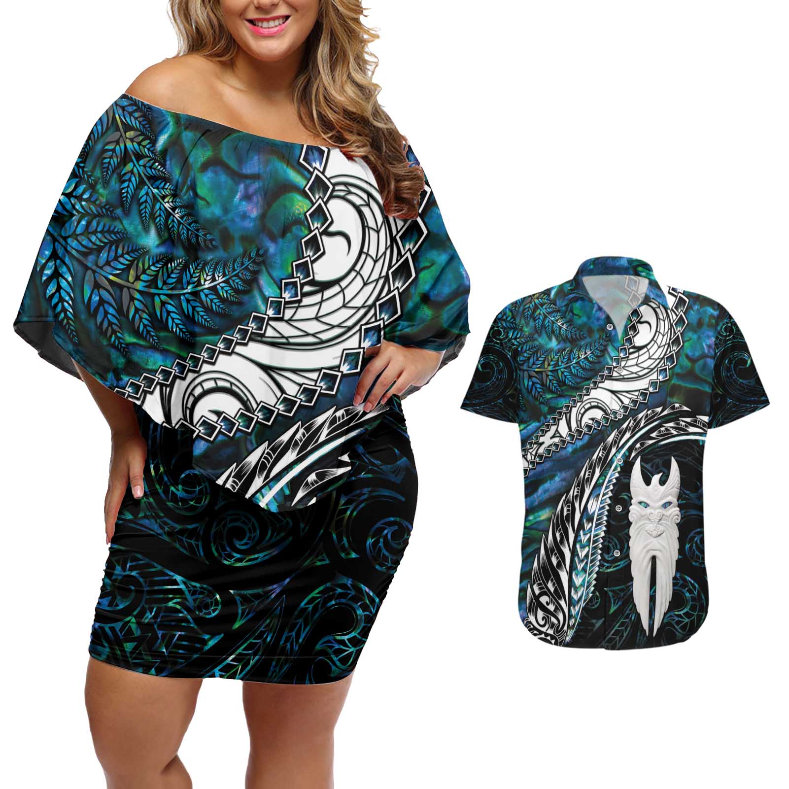 New Zealand Aotearoa Couples Matching Off Shoulder Short Dress and Hawaiian Shirt Maori Hei Rehua Paua Shell Glitter Green