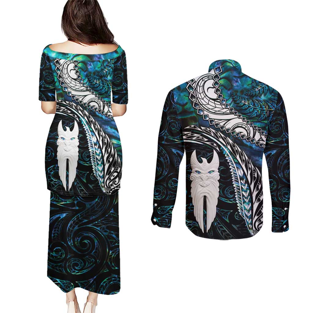 New Zealand Aotearoa Couples Matching Puletasi and Long Sleeve Button Shirt Maori Hei Rehua Paua Shell Glitter Green