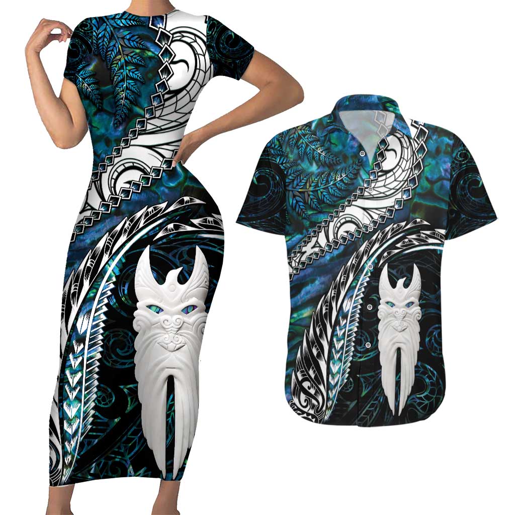 New Zealand Aotearoa Couples Matching Short Sleeve Bodycon Dress and Hawaiian Shirt Maori Hei Rehua Paua Shell Glitter Green LT05 Green - Polynesian Pride
