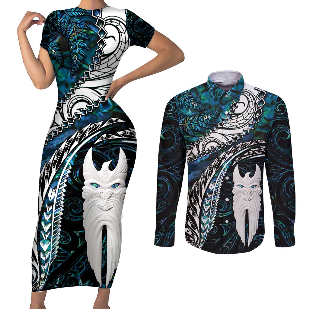 New Zealand Aotearoa Couples Matching Short Sleeve Bodycon Dress and Long Sleeve Button Shirt Maori Hei Rehua Paua Shell Glitter Green