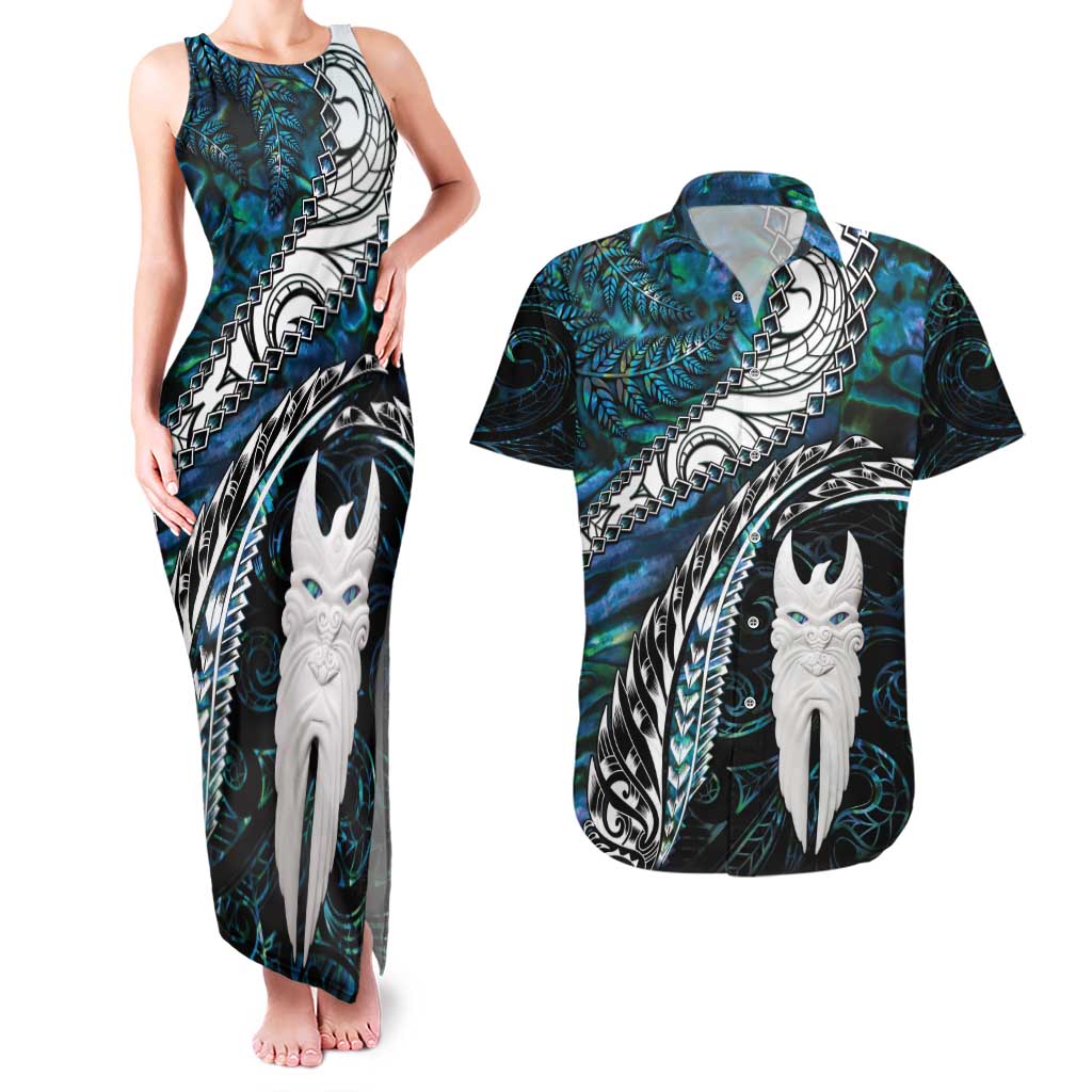 New Zealand Aotearoa Couples Matching Tank Maxi Dress and Hawaiian Shirt Maori Hei Rehua Paua Shell Glitter Green