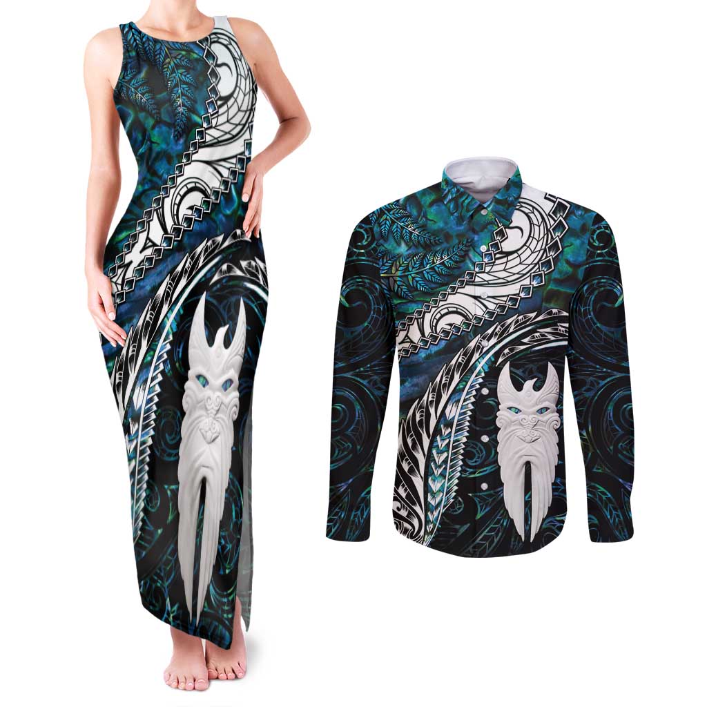 New Zealand Aotearoa Couples Matching Tank Maxi Dress and Long Sleeve Button Shirt Maori Hei Rehua Paua Shell Glitter Green