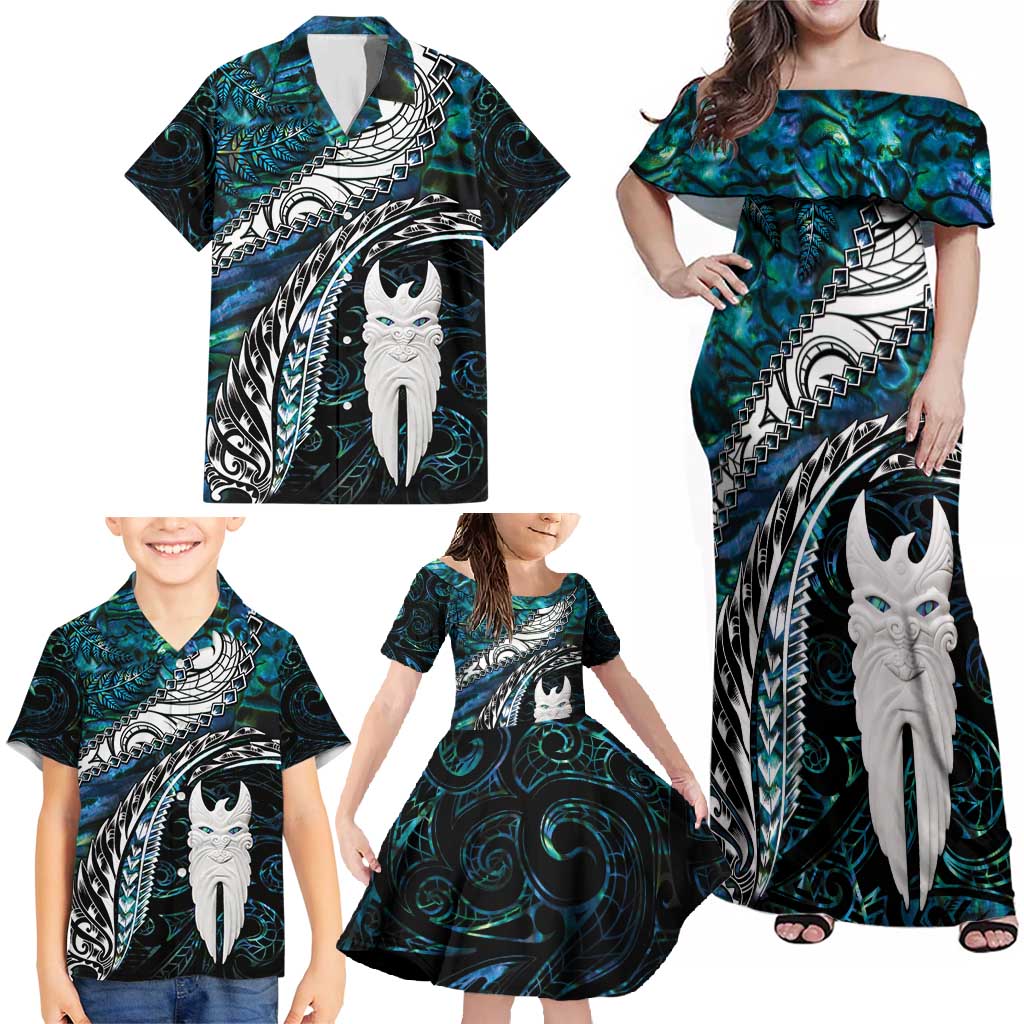 New Zealand Aotearoa Family Matching Off Shoulder Maxi Dress and Hawaiian Shirt Maori Hei Rehua Paua Shell Glitter Green