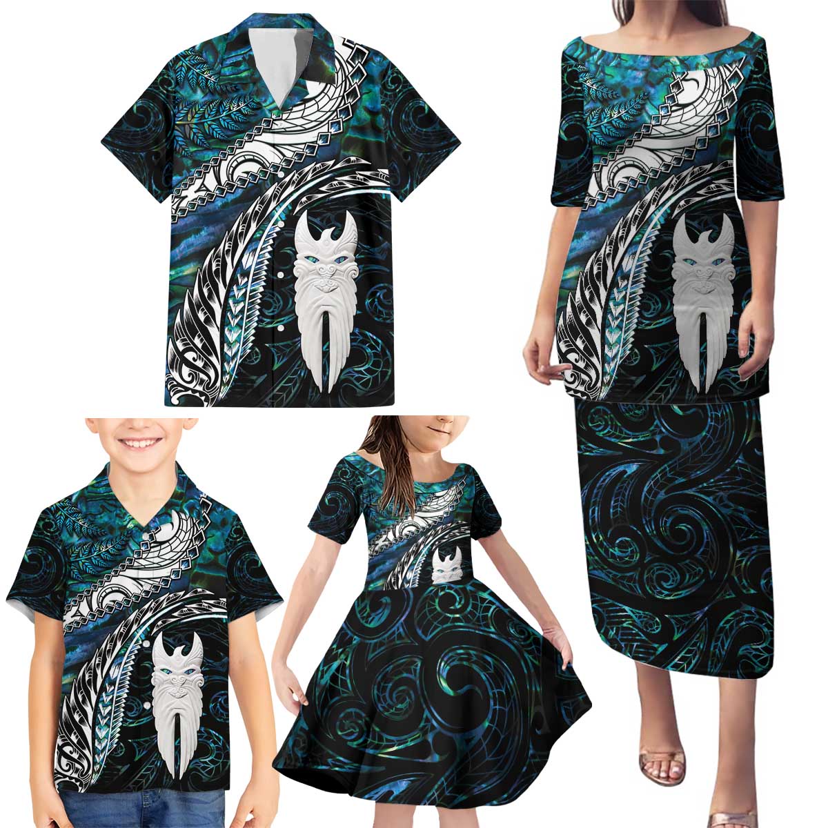 New Zealand Aotearoa Family Matching Puletasi and Hawaiian Shirt Maori Hei Rehua Paua Shell Glitter Green