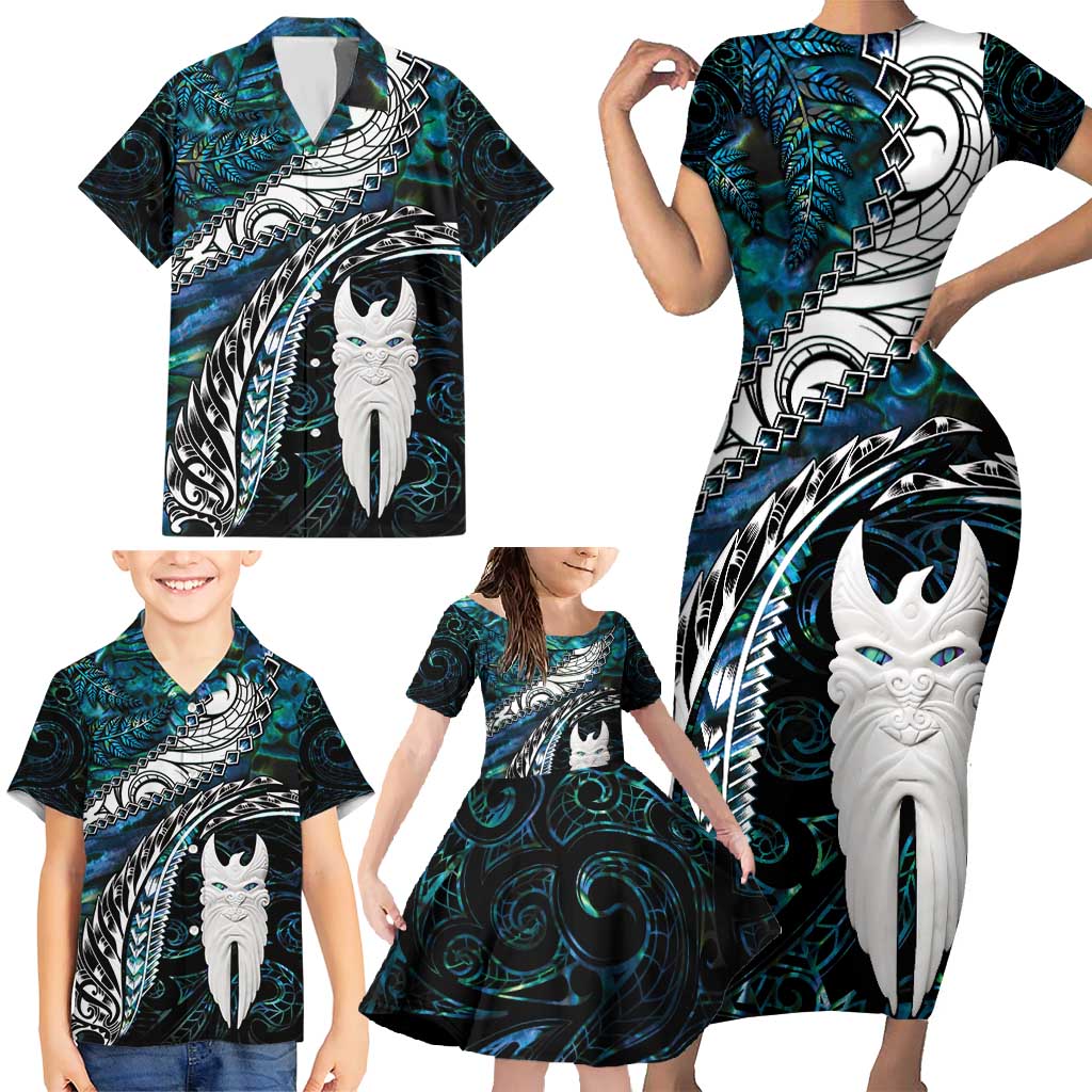 New Zealand Aotearoa Family Matching Short Sleeve Bodycon Dress and Hawaiian Shirt Maori Hei Rehua Paua Shell Glitter Green