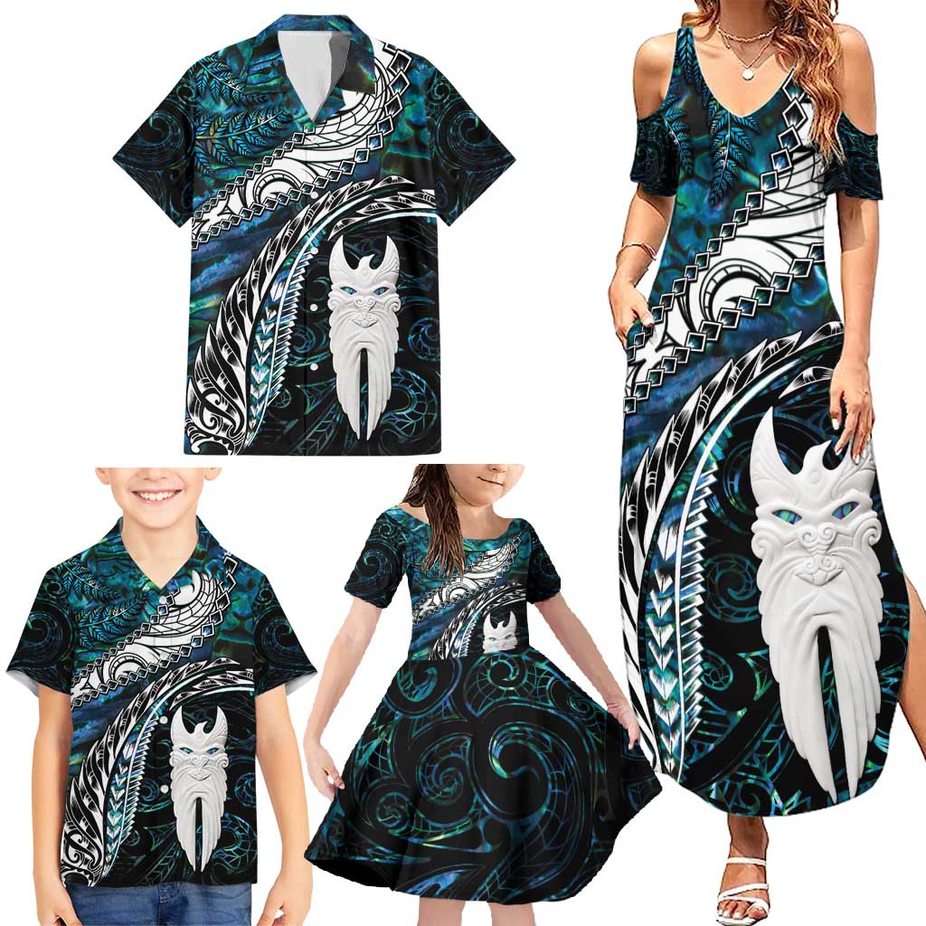 New Zealand Aotearoa Family Matching Summer Maxi Dress and Hawaiian Shirt Maori Hei Rehua Paua Shell Glitter Green LT05 - Polynesian Pride