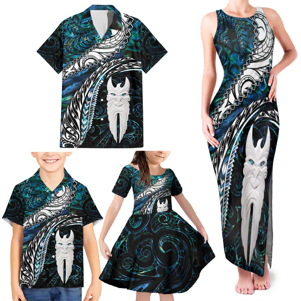 New Zealand Aotearoa Family Matching Tank Maxi Dress and Hawaiian Shirt Maori Hei Rehua Paua Shell Glitter Green