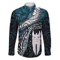 New Zealand Aotearoa Family Matching Tank Maxi Dress and Hawaiian Shirt Maori Hei Rehua Paua Shell Glitter Green LT05 Dad's Shirt - Long Sleeve Green - Polynesian Pride