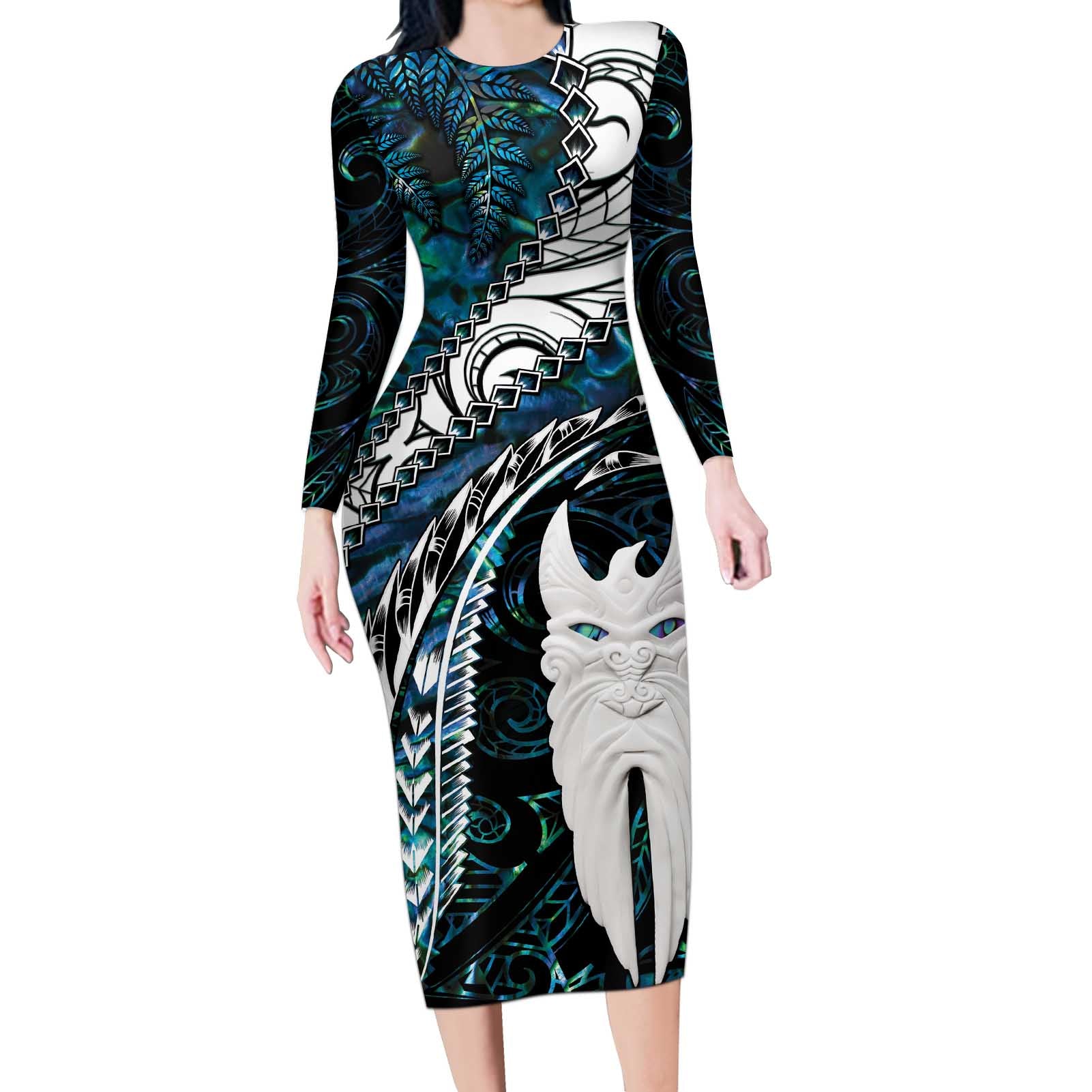 New Zealand Aotearoa Long Sleeve Bodycon Dress Maori Hei Rehua Paua Shell Glitter Green