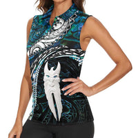 New Zealand Aotearoa Women Sleeveless Polo Shirt Maori Hei Rehua Paua Shell Glitter Green