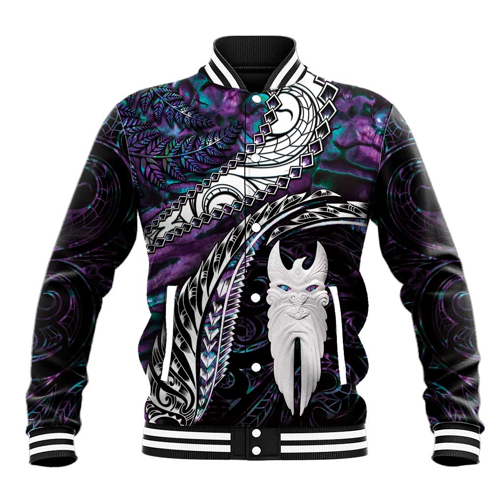 New Zealand Aotearoa Baseball Jacket Maori Hei Rehua Paua Shell Glitter Purple