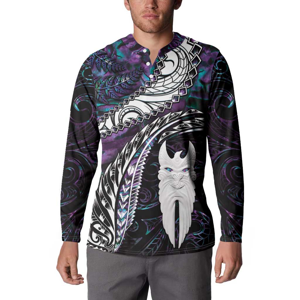 New Zealand Aotearoa Button Sweatshirt Maori Hei Rehua Paua Shell Glitter Purple