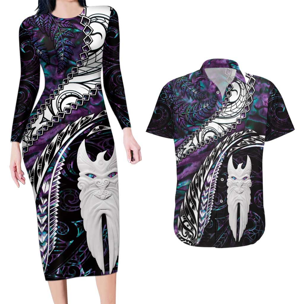 New Zealand Aotearoa Couples Matching Long Sleeve Bodycon Dress and Hawaiian Shirt Maori Hei Rehua Paua Shell Glitter Purple LT05 Purple - Polynesian Pride