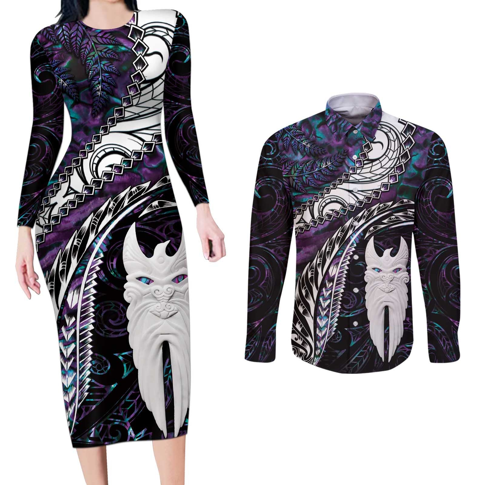 New Zealand Aotearoa Couples Matching Long Sleeve Bodycon Dress and Long Sleeve Button Shirt Maori Hei Rehua Paua Shell Glitter Purple LT05 Purple - Polynesian Pride
