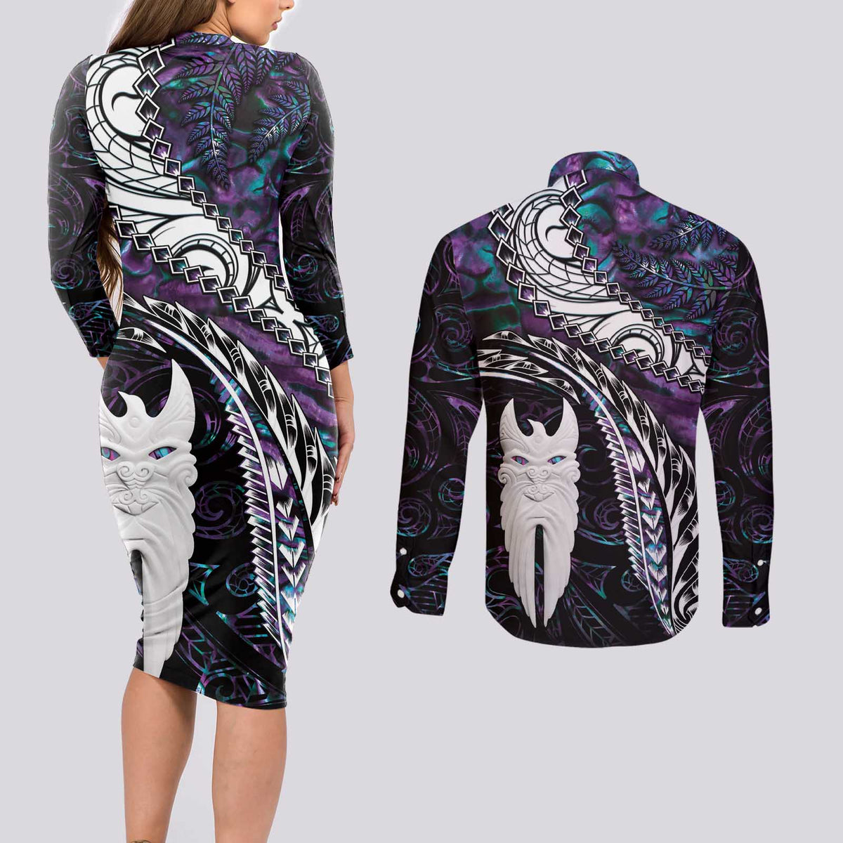 New Zealand Aotearoa Couples Matching Long Sleeve Bodycon Dress and Long Sleeve Button Shirt Maori Hei Rehua Paua Shell Glitter Purple