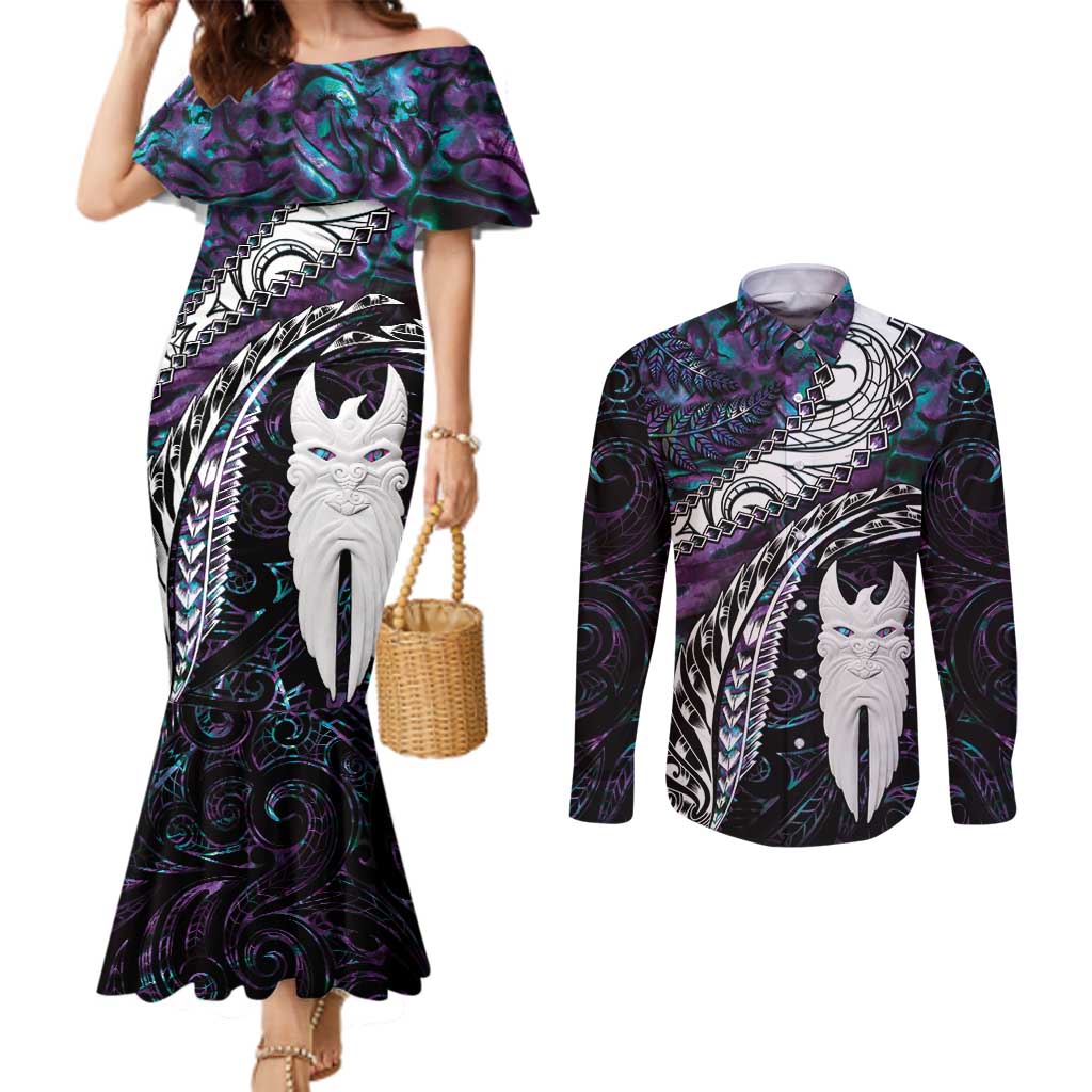 New Zealand Aotearoa Couples Matching Mermaid Dress and Long Sleeve Button Shirt Maori Hei Rehua Paua Shell Glitter Purple