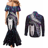 New Zealand Aotearoa Couples Matching Mermaid Dress and Long Sleeve Button Shirt Maori Hei Rehua Paua Shell Glitter Purple