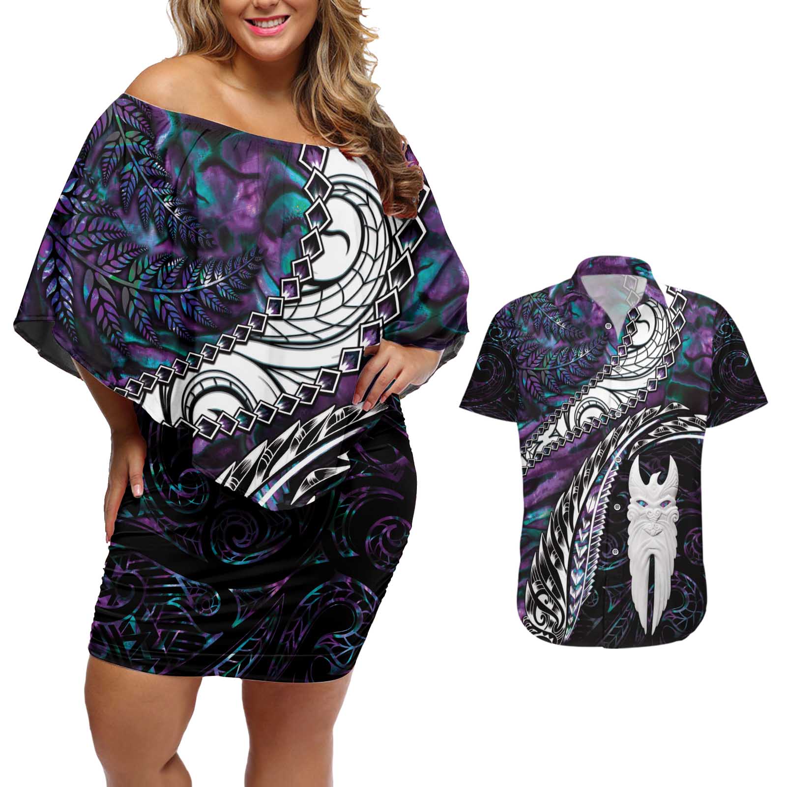 New Zealand Aotearoa Couples Matching Off Shoulder Short Dress and Hawaiian Shirt Maori Hei Rehua Paua Shell Glitter Purple