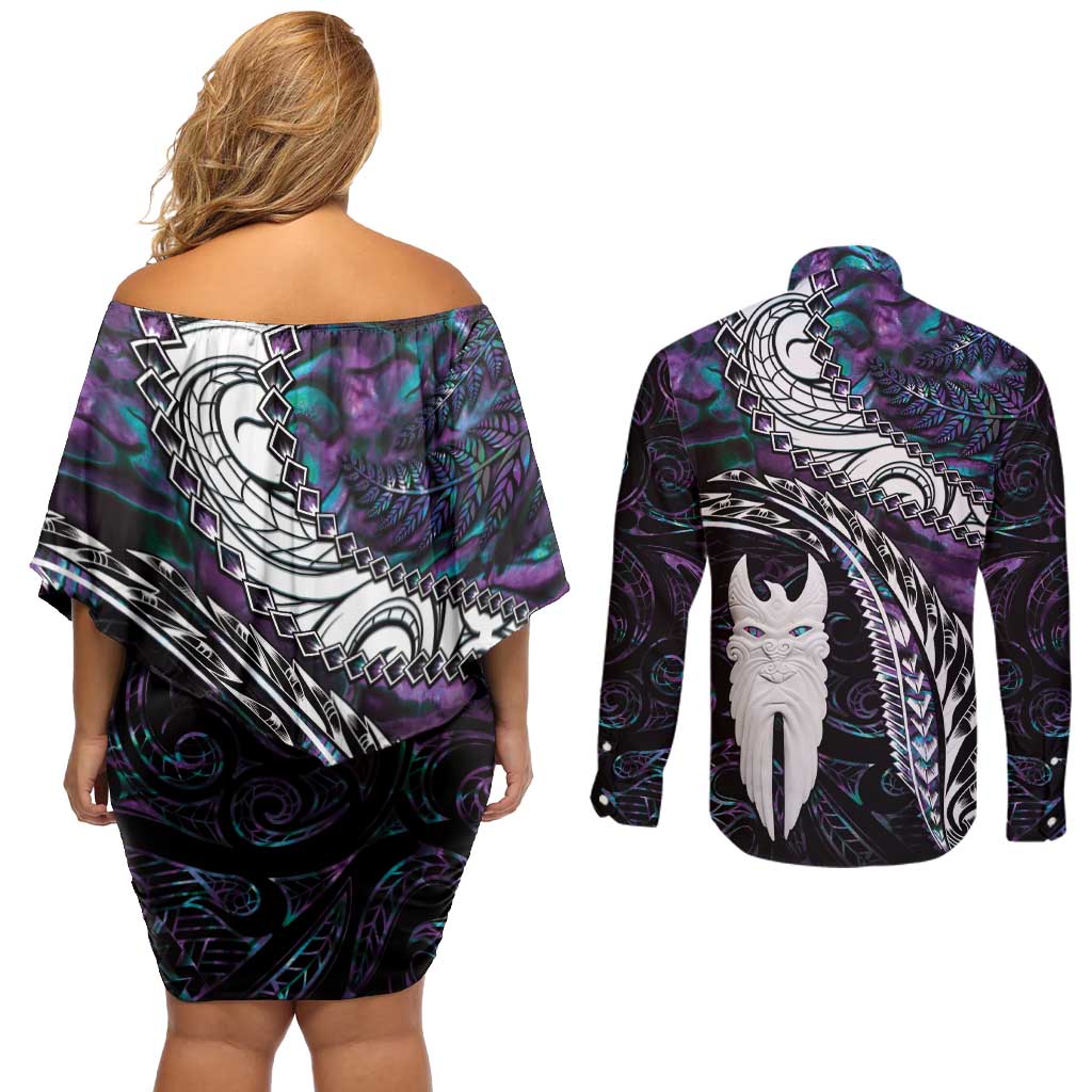 New Zealand Aotearoa Couples Matching Off Shoulder Short Dress and Long Sleeve Button Shirt Maori Hei Rehua Paua Shell Glitter Purple