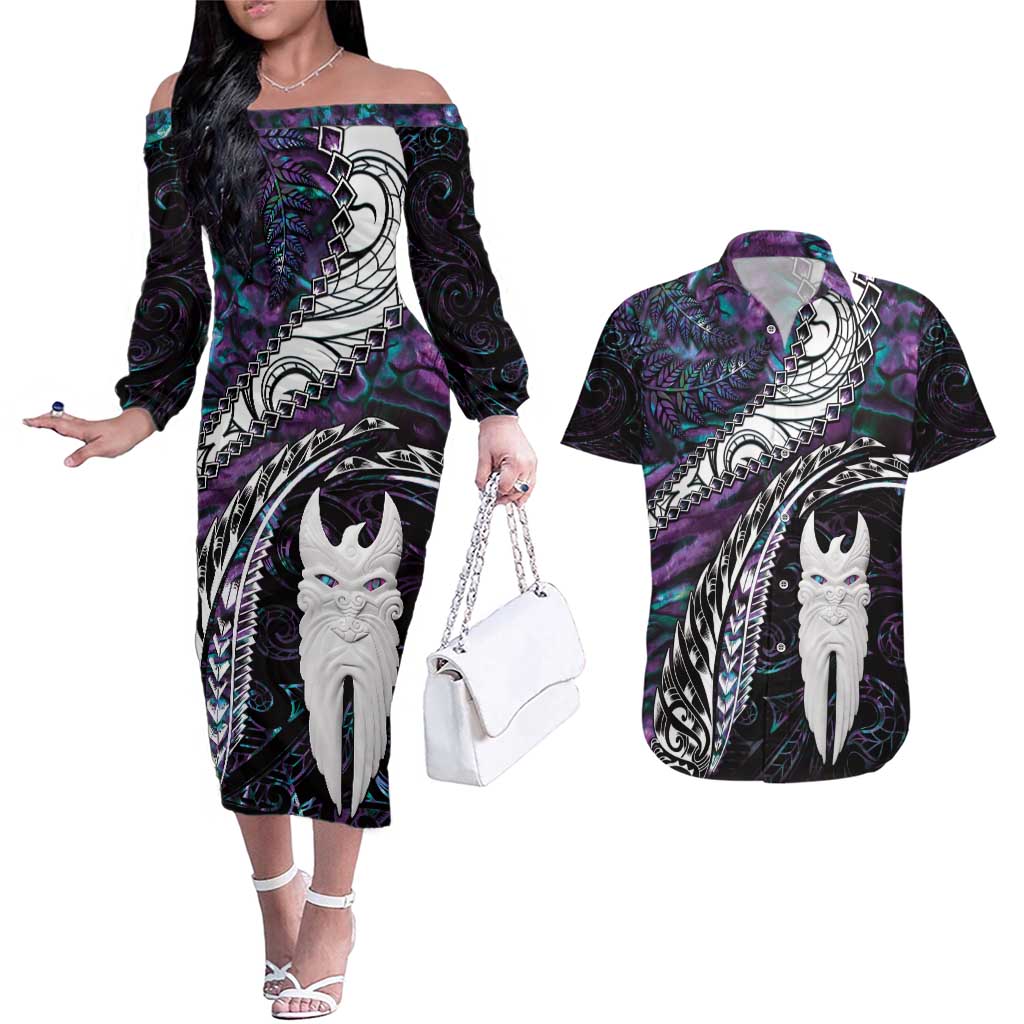 New Zealand Aotearoa Couples Matching Off The Shoulder Long Sleeve Dress and Hawaiian Shirt Maori Hei Rehua Paua Shell Glitter Purple