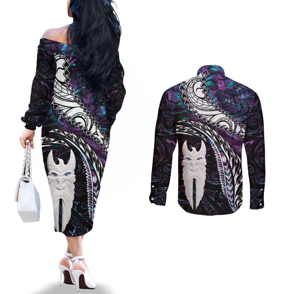 New Zealand Aotearoa Couples Matching Off The Shoulder Long Sleeve Dress and Long Sleeve Button Shirt Maori Hei Rehua Paua Shell Glitter Purple